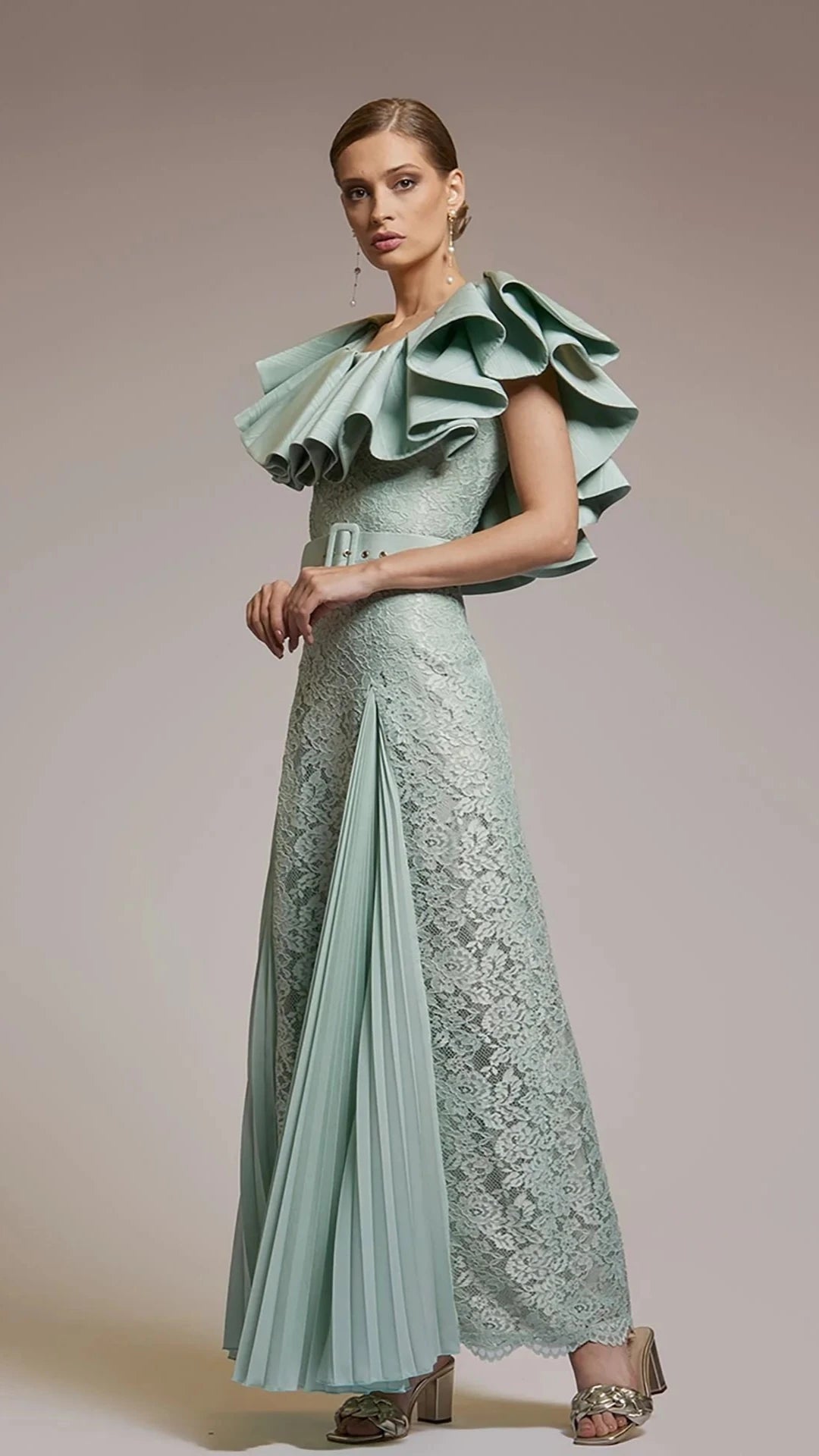 Lace A-line Midi Dress with Ruffled Neckline