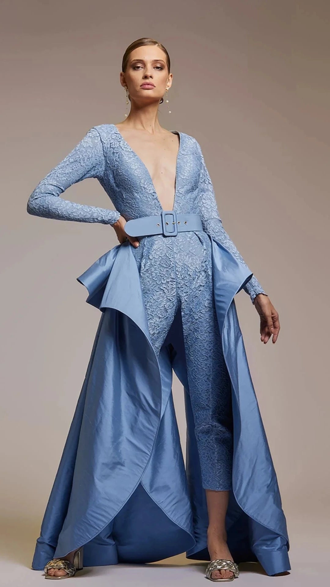 Long-Sleeved Fitted Jumpsuit with an Overskirt