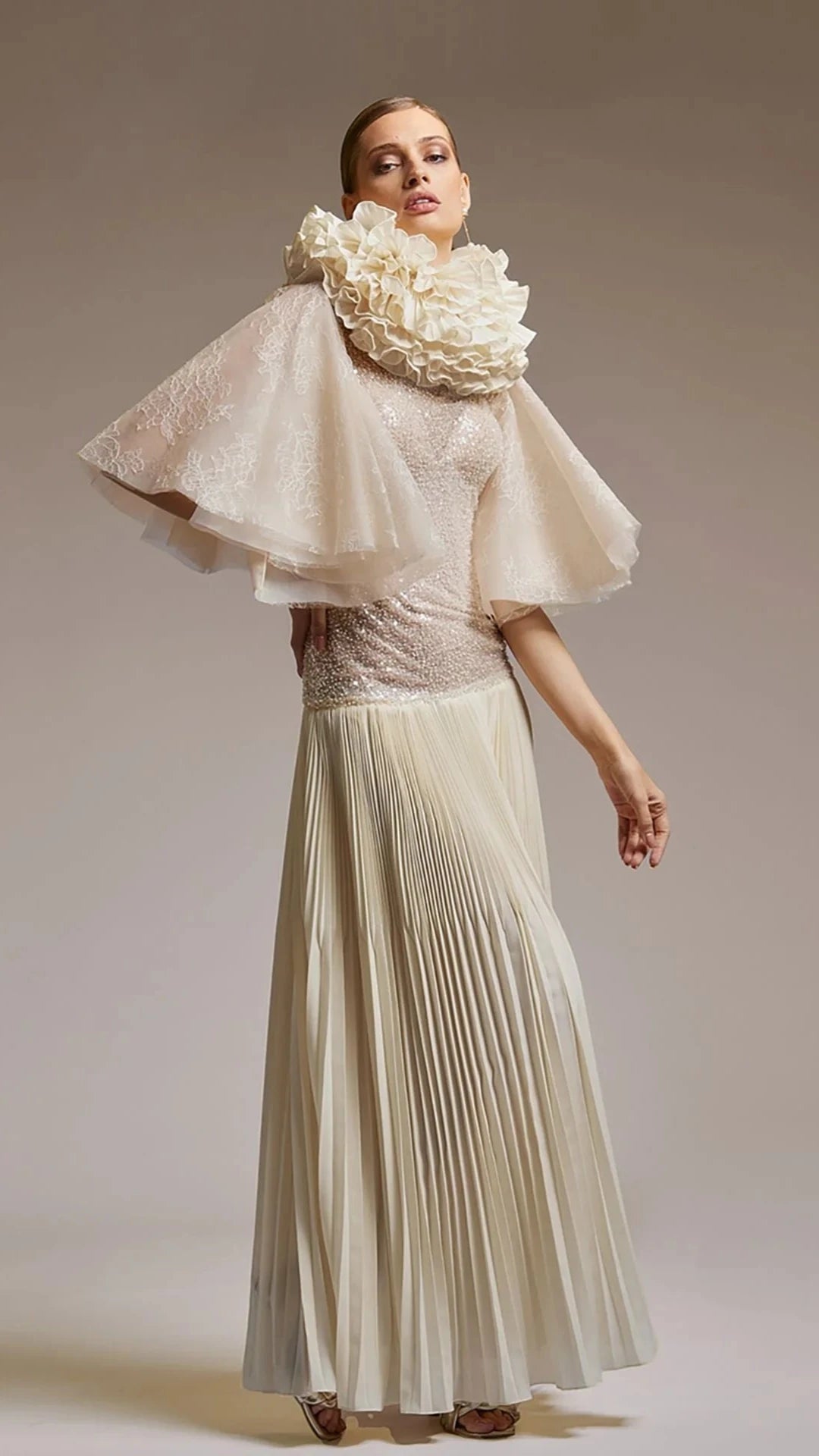 High Neck Modified A-line Dress with Bell Sleeves