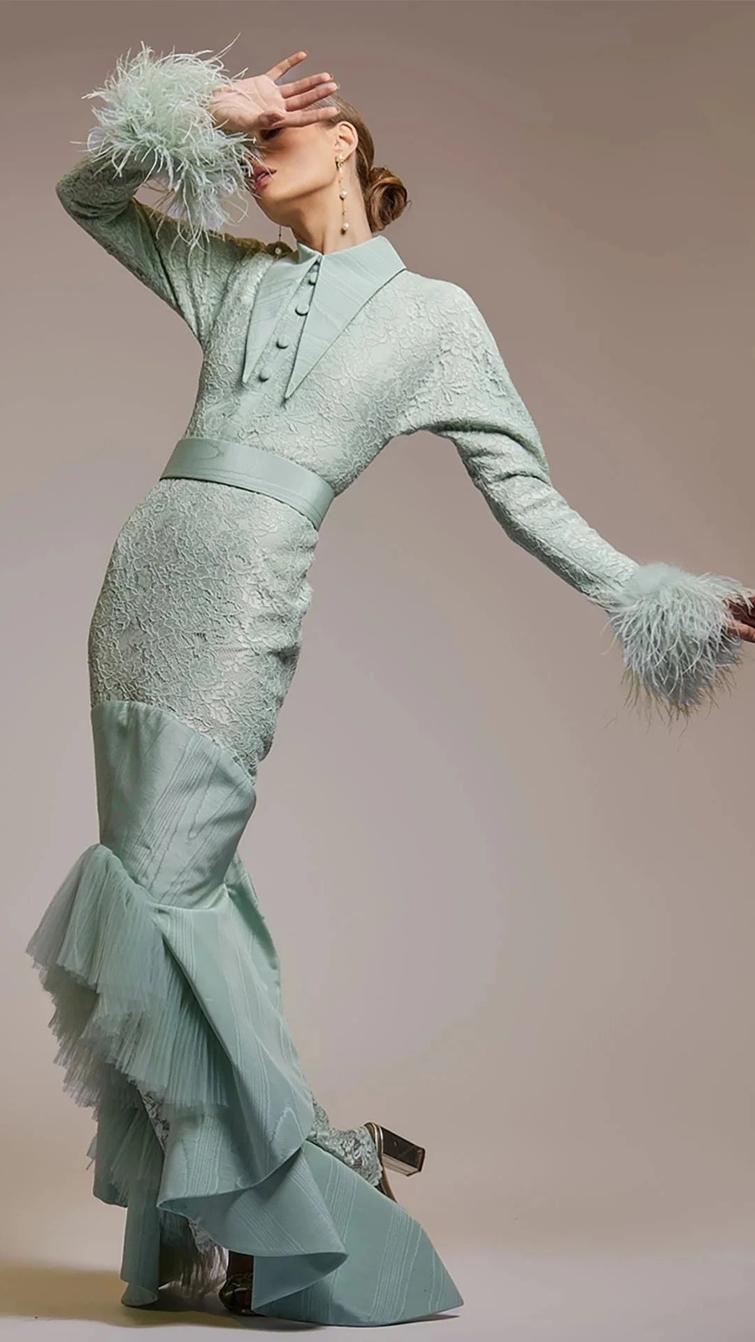 Long-Sleeved Column Dress with Ruffles