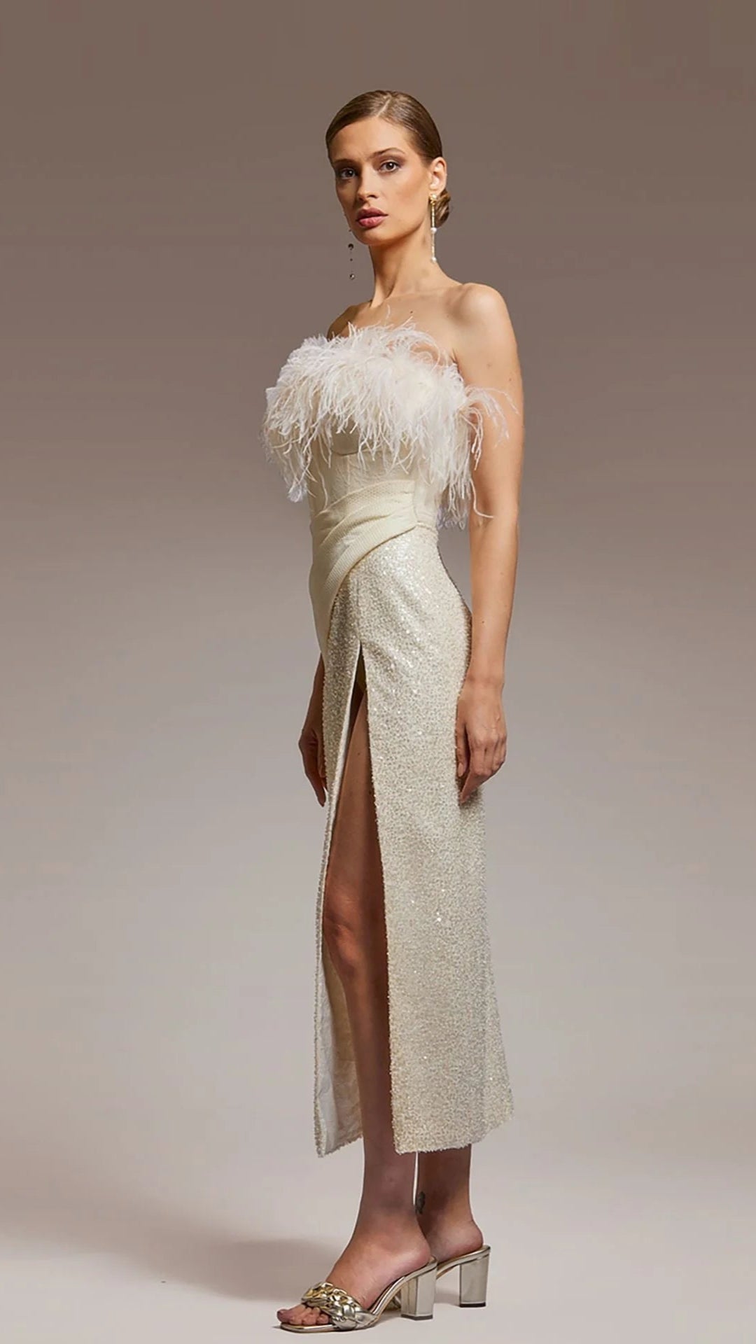 Strapless Sequin Draped Midi Dress