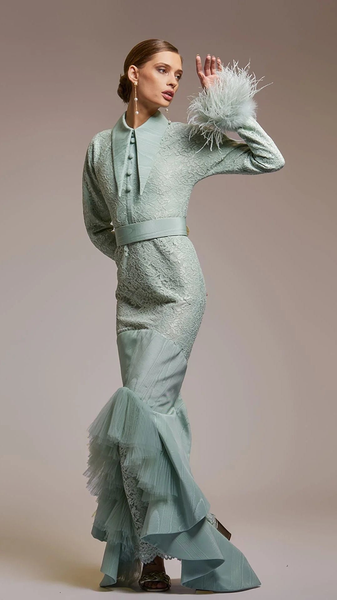 Long-Sleeved Column Dress with Ruffles
