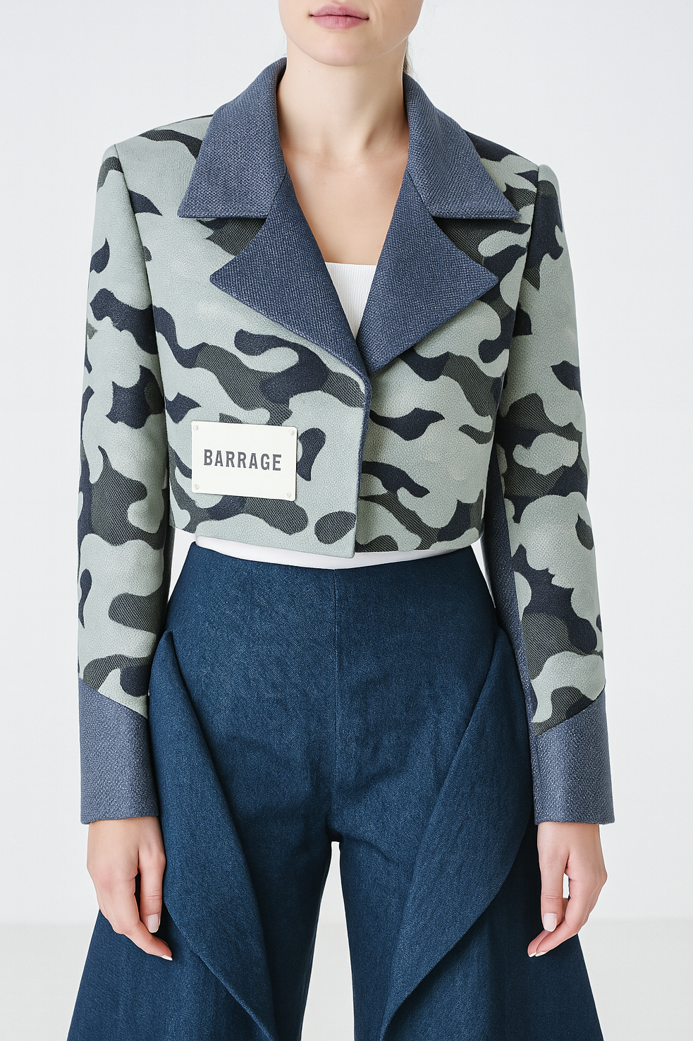 Cropped Camouflage Jacquard Jacket – Tonal Denim
