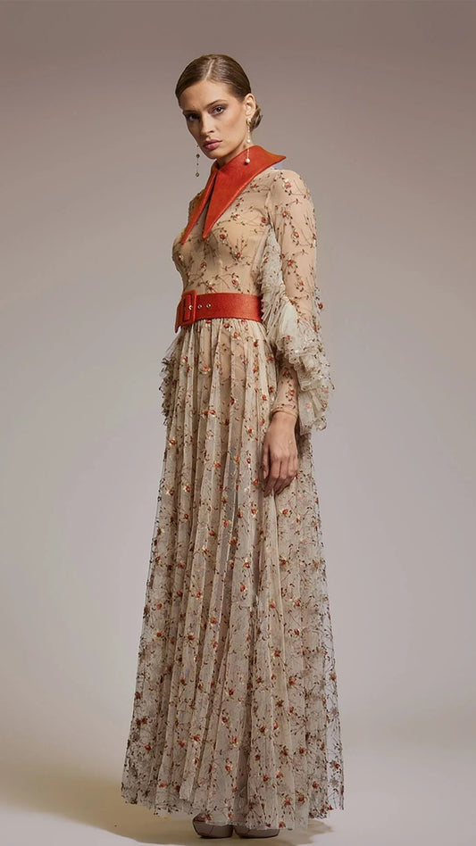 Embroidered A-line Pleated Dress