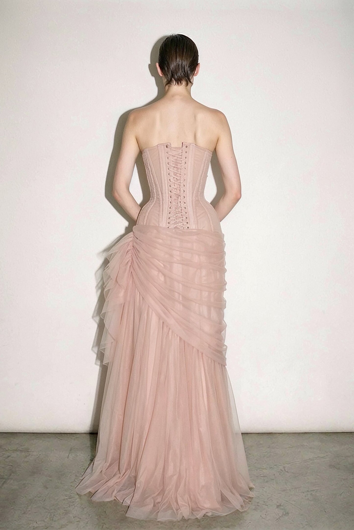 Lucent – Barrage Paris corset gown in blush nude tulle, back view