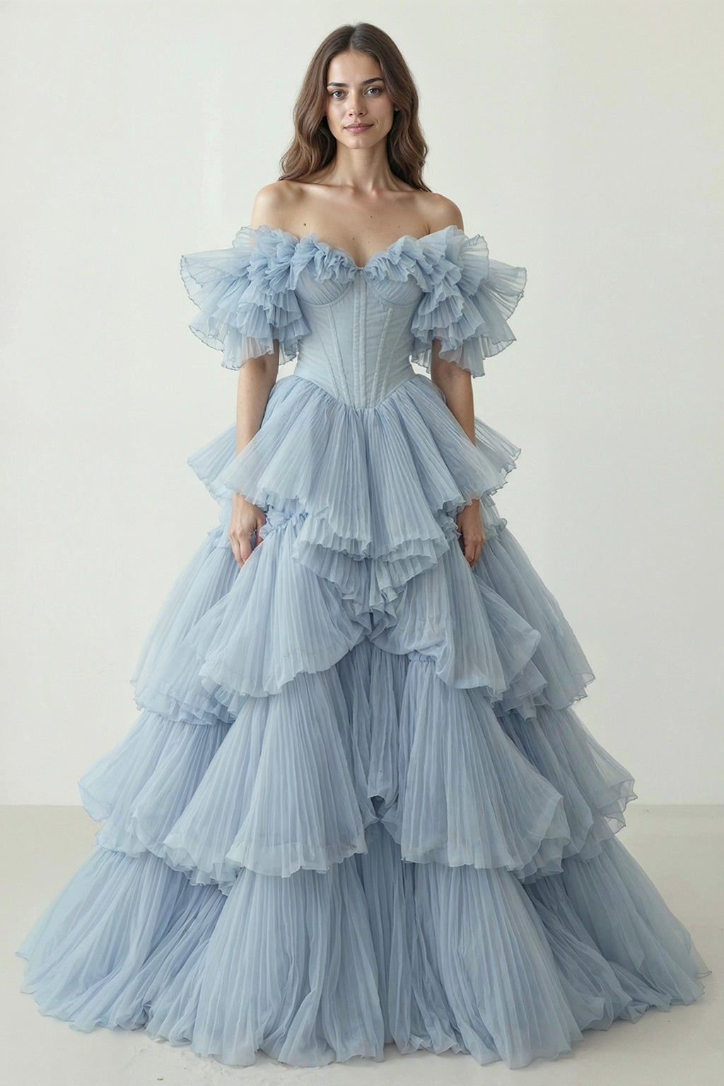 Frost Blue Off-Shoulder Evening Gown
