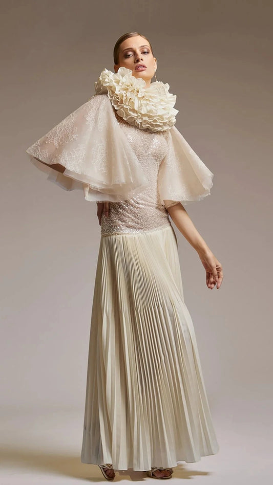 High Neck Modified A-line Dress with Bell Sleeves