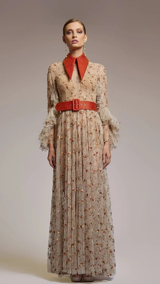 Embroidered A-line Pleated Dress