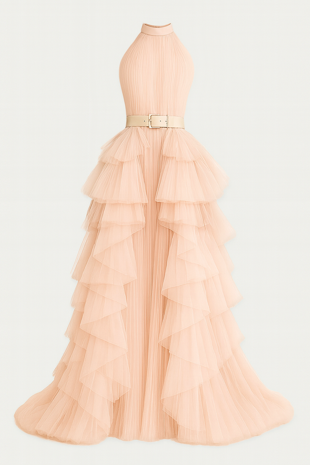 Dusty-pink halter tulle evening gown with tiered skirt by Barrage Paris