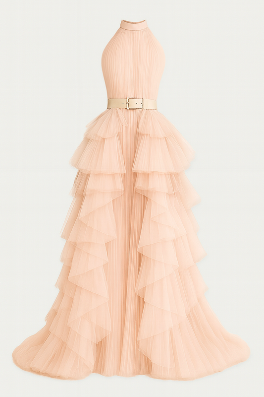 Dusty-pink halter tulle evening gown with tiered skirt by Barrage Paris