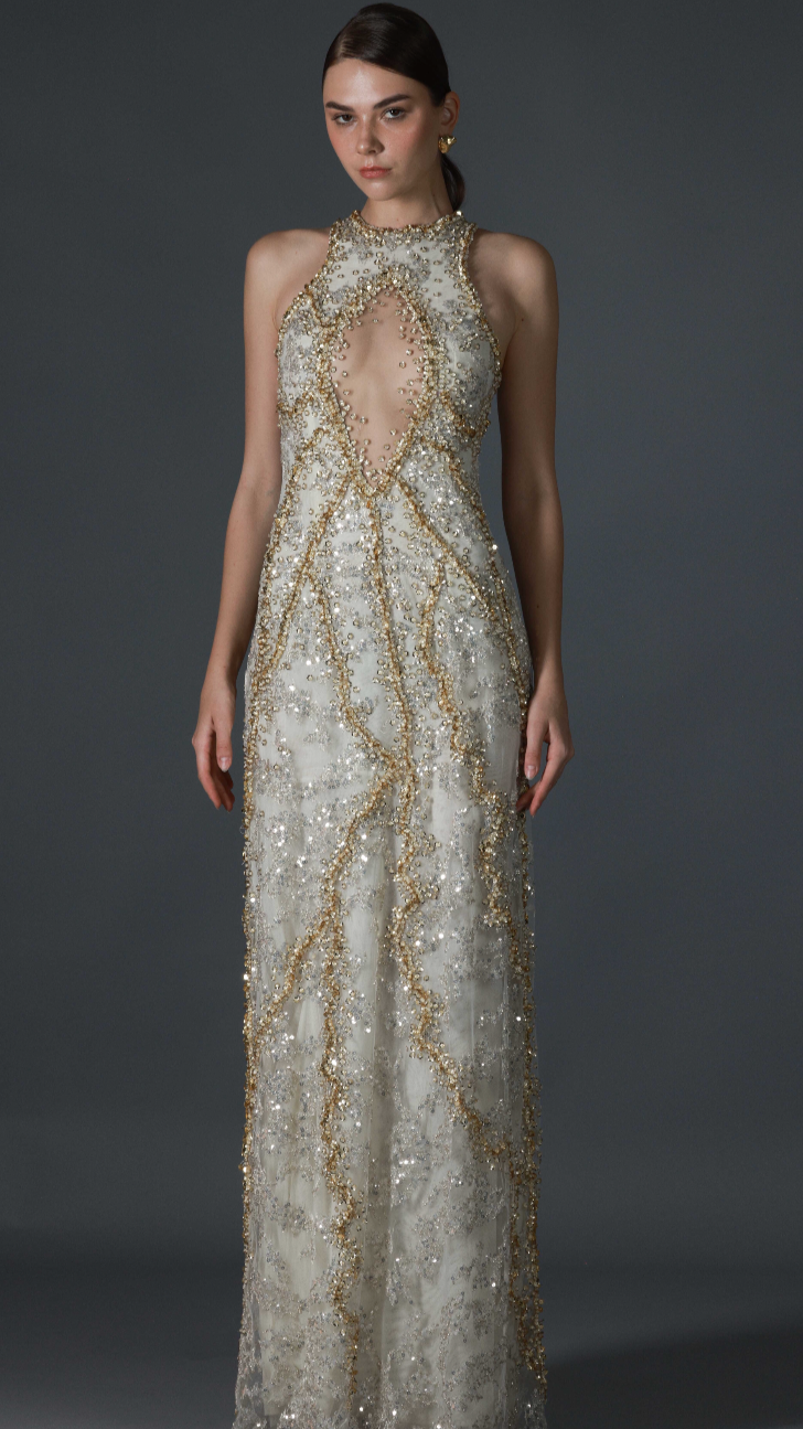 Gold-beaded ivory evening gown with keyhole cutout and cape by Barrage Paris